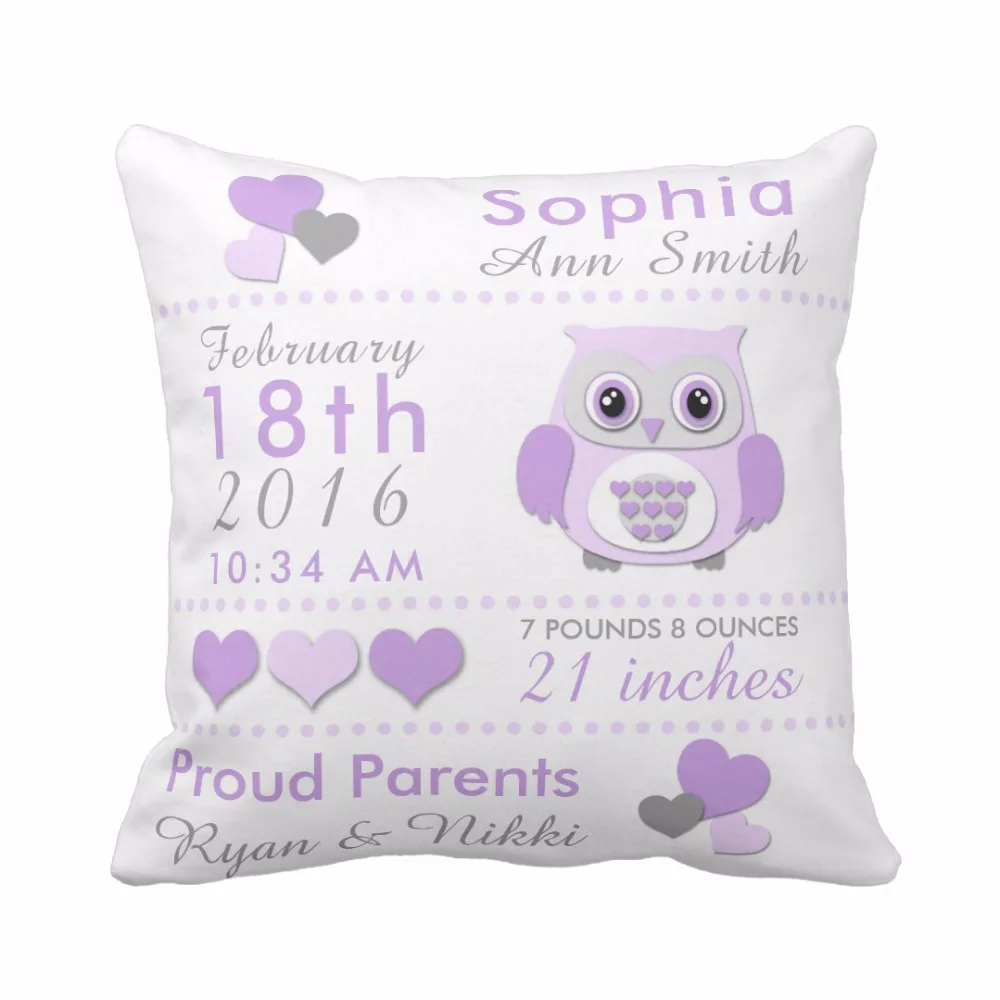 Custom Baby Birth Stats Cute Whale and Owl Throw Pillow Cover Decorative Pillow Case Cotton Polyester Baby Nursery Cushion Cover