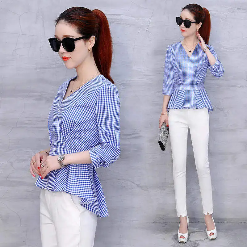 Fashion Women Tops Summer Slim Clothes Office Wear Plaid Shirt Chiffon Blouses Brand Design Blue Madam Fit Model Casual DD1378