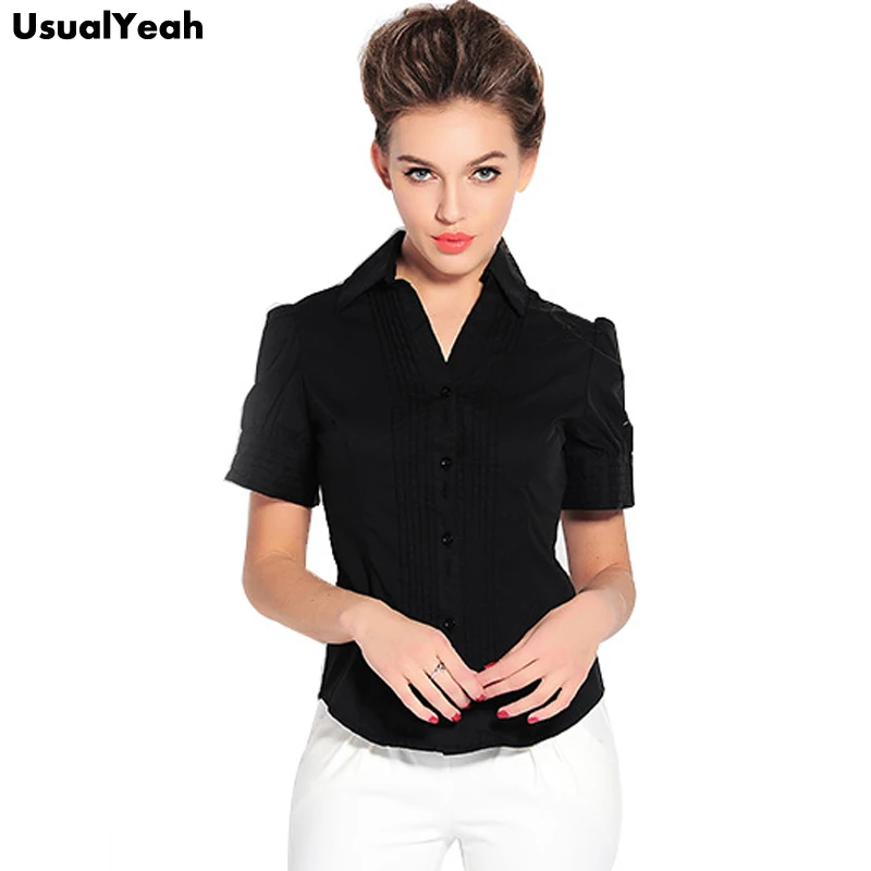 Pleated Dressy Women Blouses V Neck Solid Color Blouse Short Sleeve Shirt Slim Tops Black Blue White Ladies Office Shirt