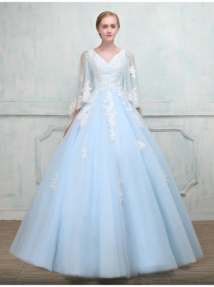 luxury light blue butterfly sleeve shawl flower embroidery medieval dress Renaissance Gown queen Victorian Belle Ball