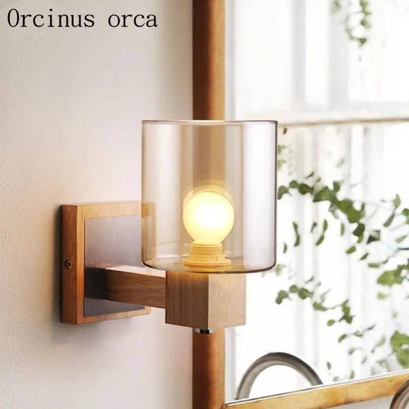 

Nordic modern minimalist amber glass wall lamp living room hallway bedroom bedside lamp pastoral creative log wall lamp