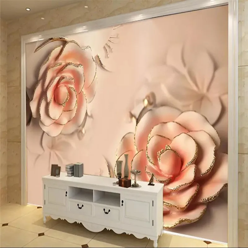 

Custom Mural Wallpaper 3d Embossed Pink Rose Hotel Front Desk Background Wall