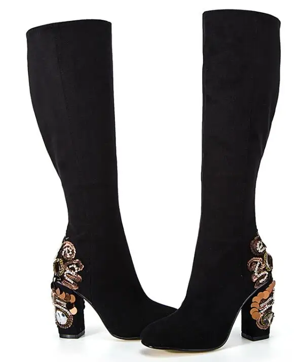 Women Charming New Fashion Round Toe Black Suede Leather Rhinestone Thick Heel Knee High Boots Blingbling Back Long Boots