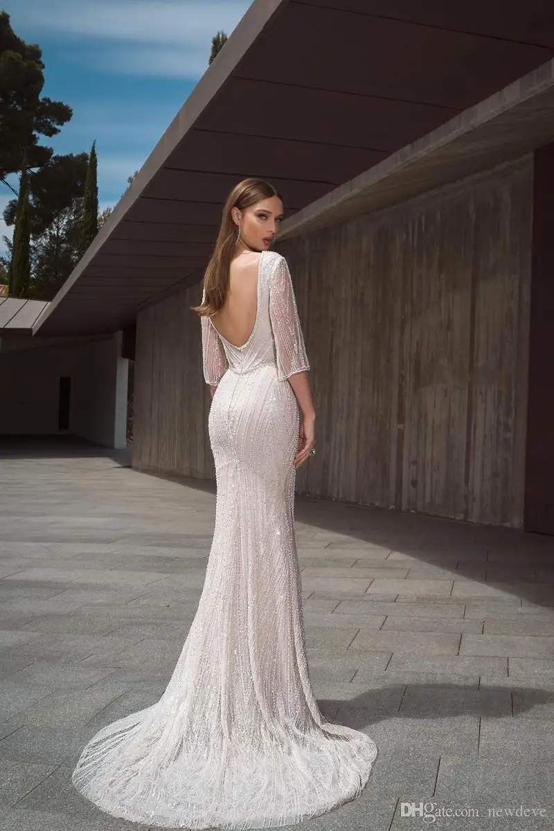 2019 Crystal Ontwerp Trouwjurken Sexy Diepe V-hals Backless Kralen Crystal Kant Bruidsjurken Beach Mermaid Trouwjurk