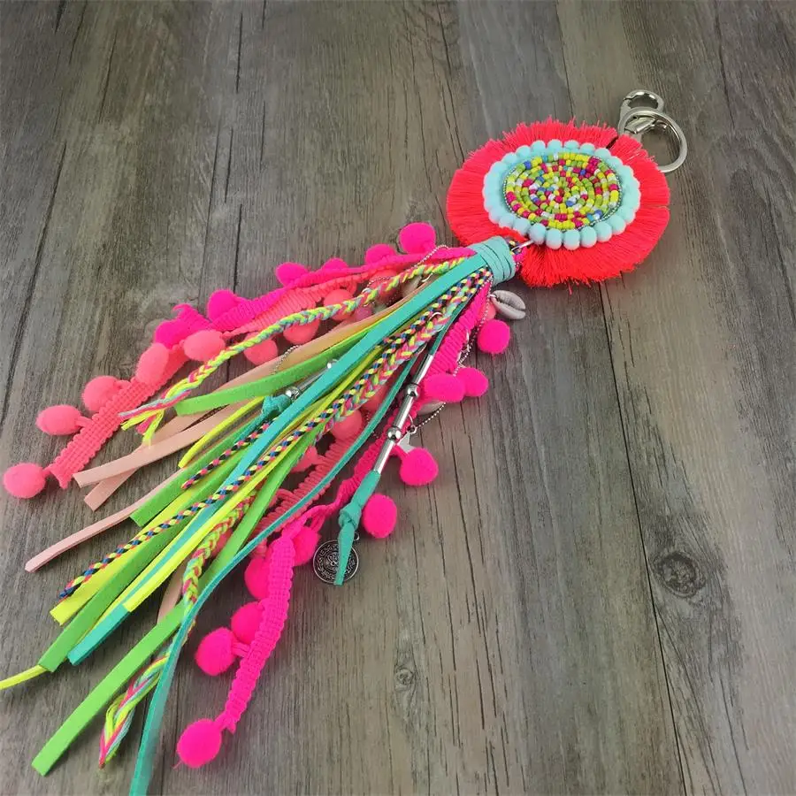 Leather Tassel With Colorful Pompons Handbag Accessorise Boho Style Keychains For Women Keyring Jewelry