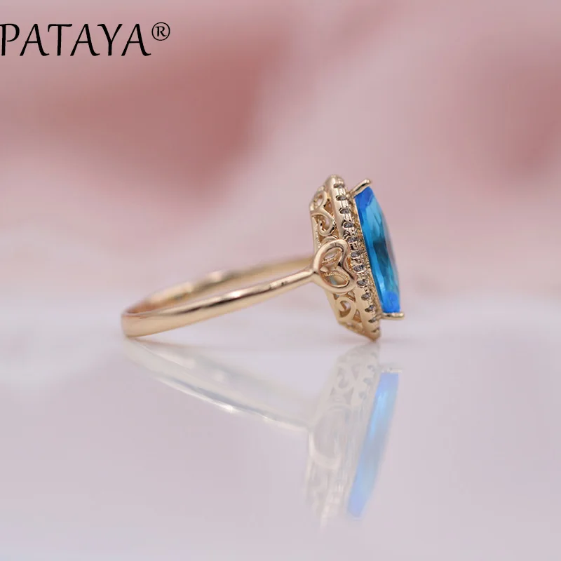 PATAYA New Exclusive 585 Rose Gold Color Drop Earrings Rings Sets Horse Eye Blue Natural Zirconia Women Wedding India Jewelry