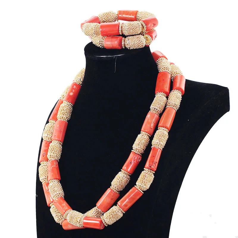 Dubai Wedding Coral Jewelry Quality Men Real Coral Bead Jewelry Set 50 inches Long Coral Necklace Bracelet for Groom ABH555