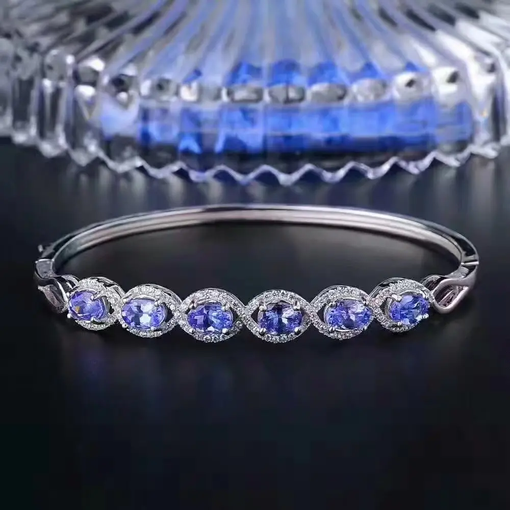 

LANZYO 925 Sterling Silver blue tanzanite Bangles trendy natural jewelry simple style open Bangles fine wholesale sz0406agts