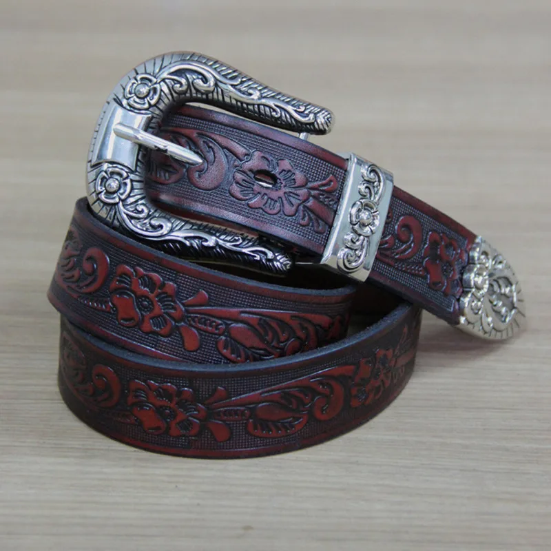 Fashion Women Dress Belts, Retro Floral Printed Genuine Leather Belt For Women, Jeans Belt