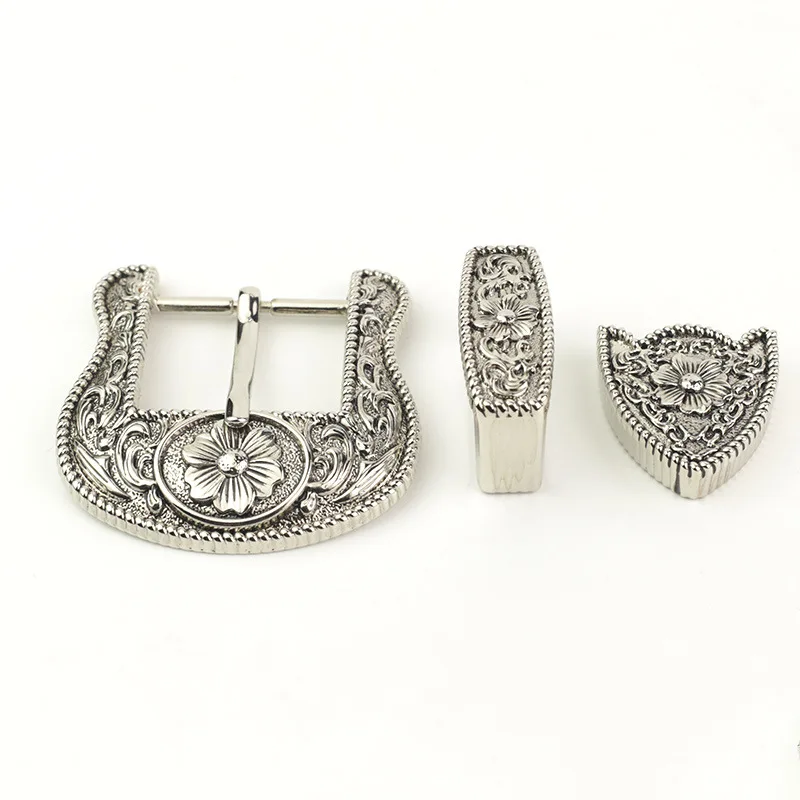 30mm vintage carve pattern beautiful metal women men DIY leather craft belt buckle set antique silver color 3pcs parts/set