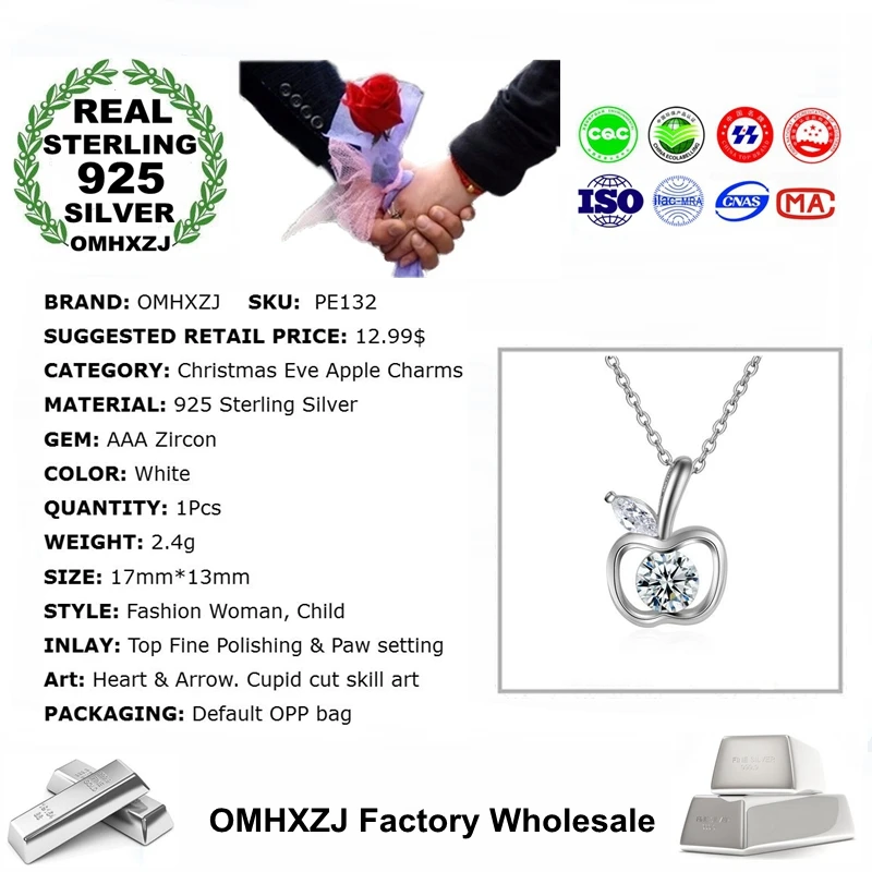 OMHXZJ Wholesale Fashion Apple Woman Child Gift Zircon Christmas Eve 925 Sterling Silver Pendant Charms PE132 NO Chain Necklace