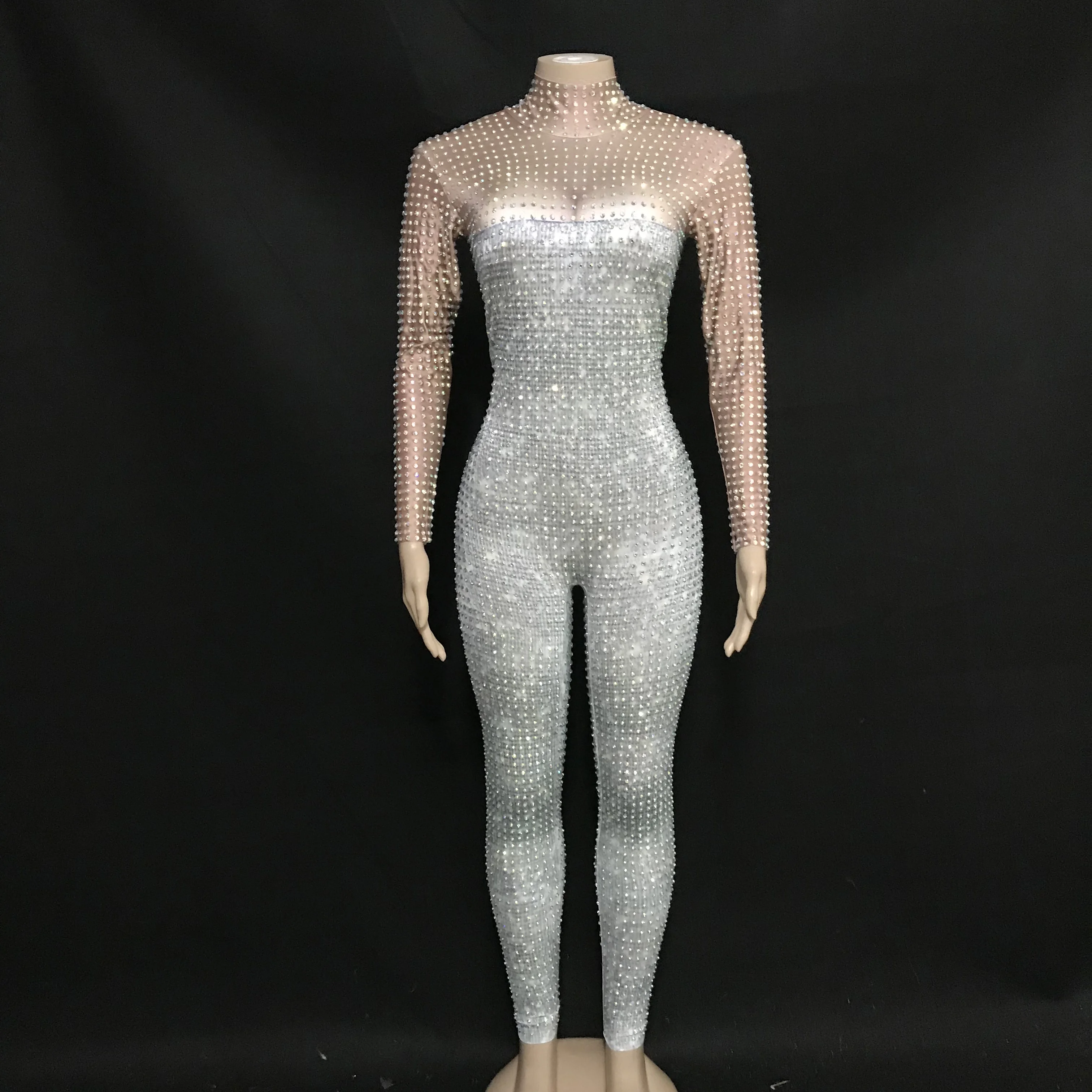 Macacão feminino brilhante, macacão de manga longa com strass para festa, palco, comemoração, dança, roupa legging