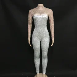 Mono brillante de manga larga con diamantes de imitación para mujer, traje Sexy para escenario, fiesta, celebración, baile, mallas