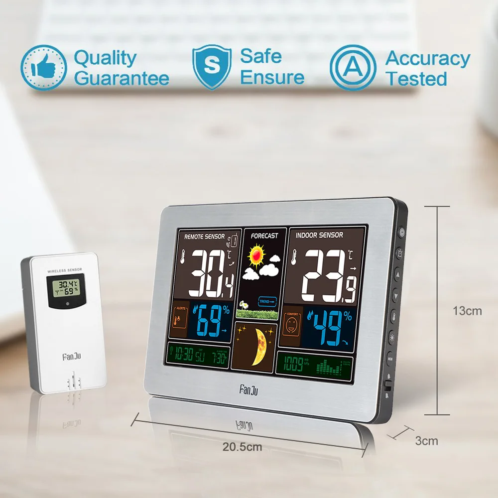 FanJu FJ3378 Wireless Weather Station Wall นาฬิกาดิจิตอลบารอมิเตอร์เครื่องวัดอุณหภูมิ Hygrometer Sensor พยากรณ์อากาศจอ LCD ที่มีสีสัน