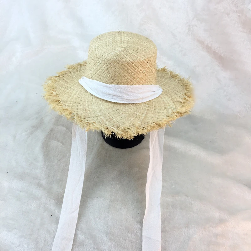 Summer Women Beach Raffia Black White Ribbon Hat Bow Raffia Hat Temperament Flat Cap Straw Hats Women\'s Seaside Hat