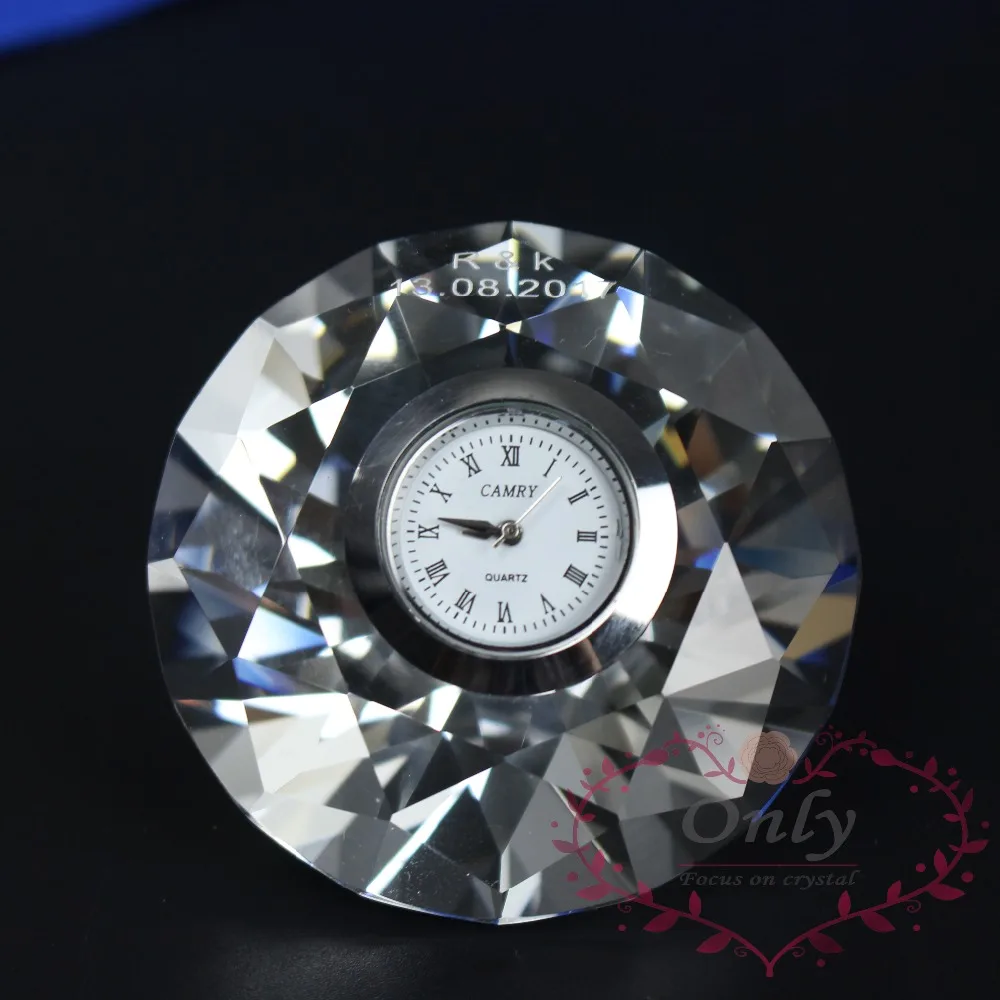 

50 pcs/lot Customized Name and Date Engraving Brightly Crystal Diamond Clock as Diamond Anniversary Gifts Favor