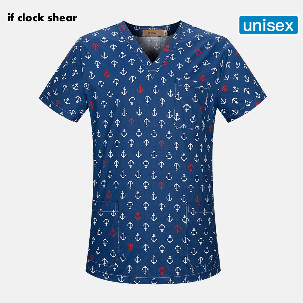 

Unisex Scrub Top With V-Neck Cotton Breathable Print Surgical Medical Uniform Hospital Nurse doctor Scrub Tops For Women and men