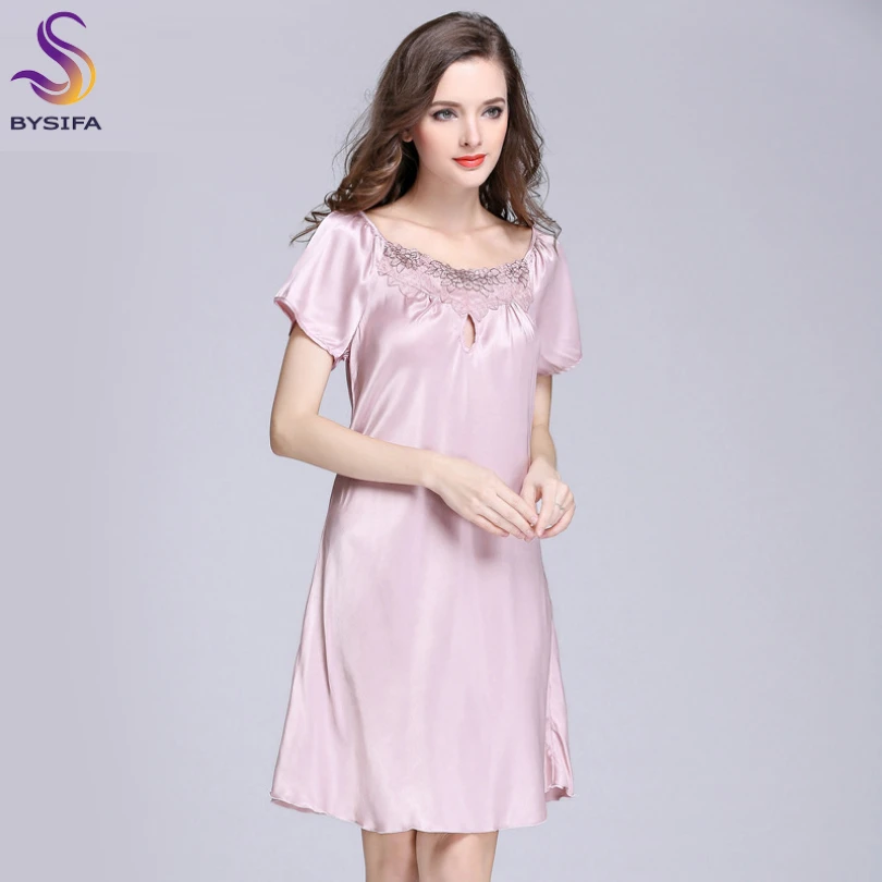 2020 New Sweet Young Women Silk Nightgown Printed Fashion Knee-length Girl Sleepwear Summer Ladies Sleepshirts Pink,Camel,Blue