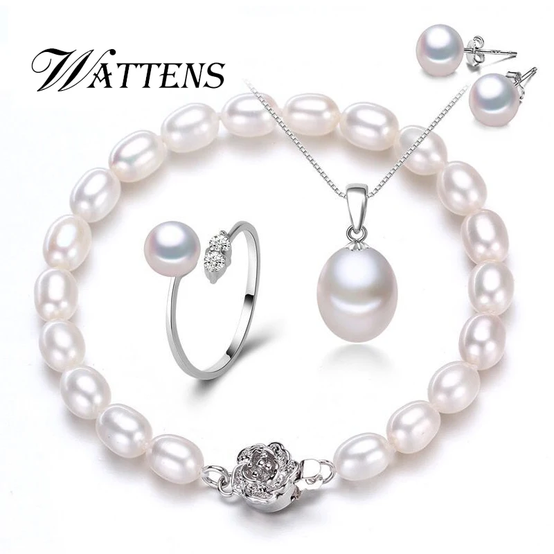 WATTENS Natural Pearl Bracelet necklaces pendant Earrings Ring Jewelry Sets for Women 925 sterling silver Earrings Ring pendant