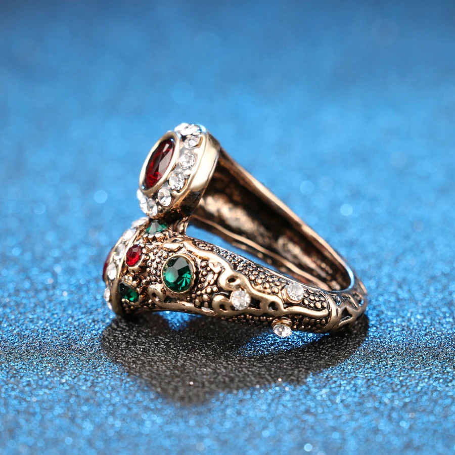 Turkish Red Rings Antique Gold Color Women\'s Jewelry Double Head Red Gem Stone Finger Ring Free Shipping