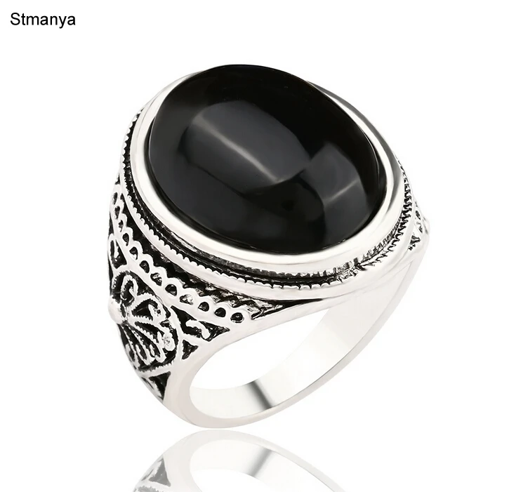 Men New Charm Rings HOT SALE Punk Vintage Silver Color Plated Women Ring Black Red Resin Stone Ring Best Gift Jewelry