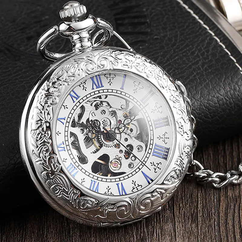Antyczne pełne srebro zegarek kieszonkowy ze stali nierdzewnej mechaniczne mężczyźni Steampunk Vintage ręcznie wiatr grawerowane Fob wisiorek zegar kobiety