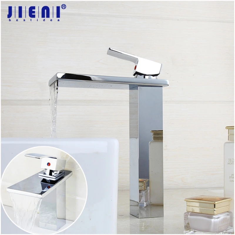 

JIENI Solid Brass Countertop Tap Waterfall Chrome Finish Bathroom Basin Mixer Taps Sink Faucet Hot & Cold Water Mixer Tap