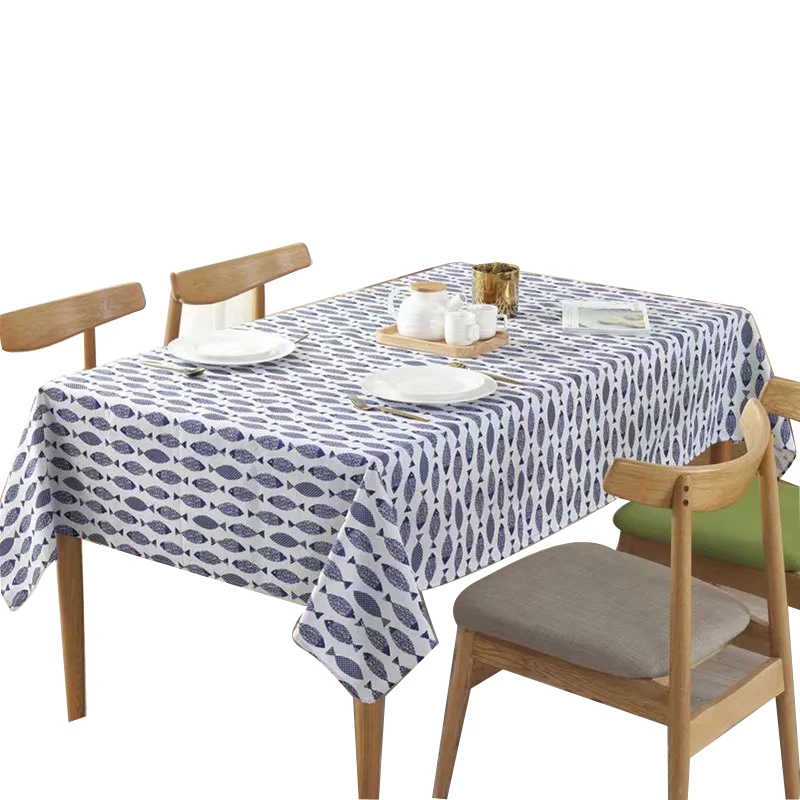 Thicken Cotton Linen Tablecloth Simple Blue Fish Print Cover Japanese Style Washable Table Cloth for Wedding Tea Table