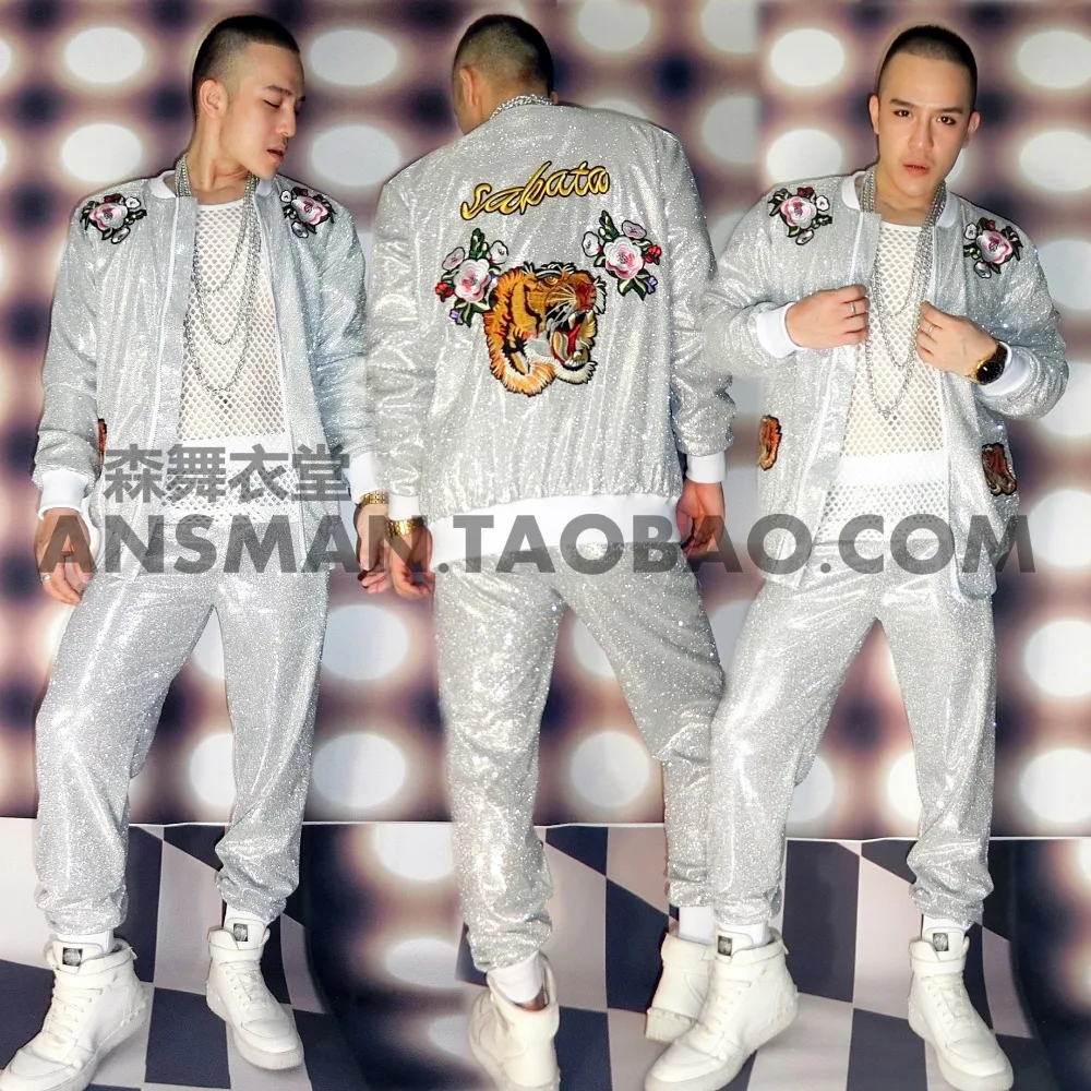 Personality Cool Fashion pattern silver gray Baseball casual jacket pants costumes Nightclubs male singer  DJ stage clothing set