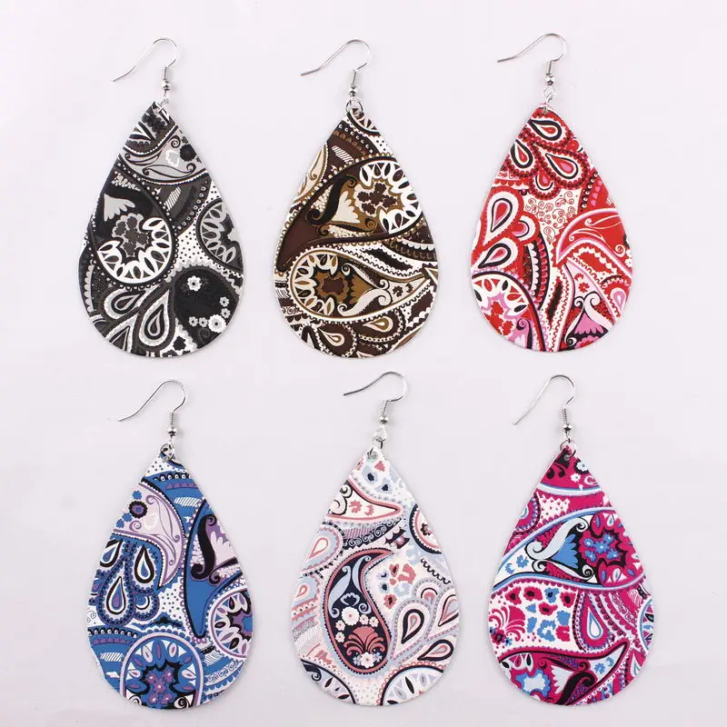 Paisley Pattern Leather Teardrop Dangle Drop Earrings for Women