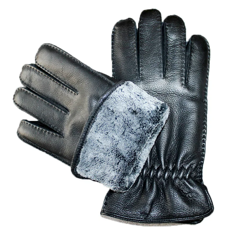 High-quality Imported Deerskin Leather Gloves Men\'s Fashion Hand-Stitched Winter Thickening Warm Motorcycle Riding Points