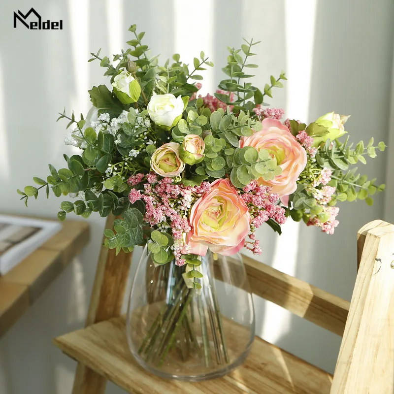 Meldel – Bouquet de mariage main demoiselle d'honneur, fleur artificielle en soie, feuille d'eucalyptus blanche, souffle de bébé, décor de fête pour la maison