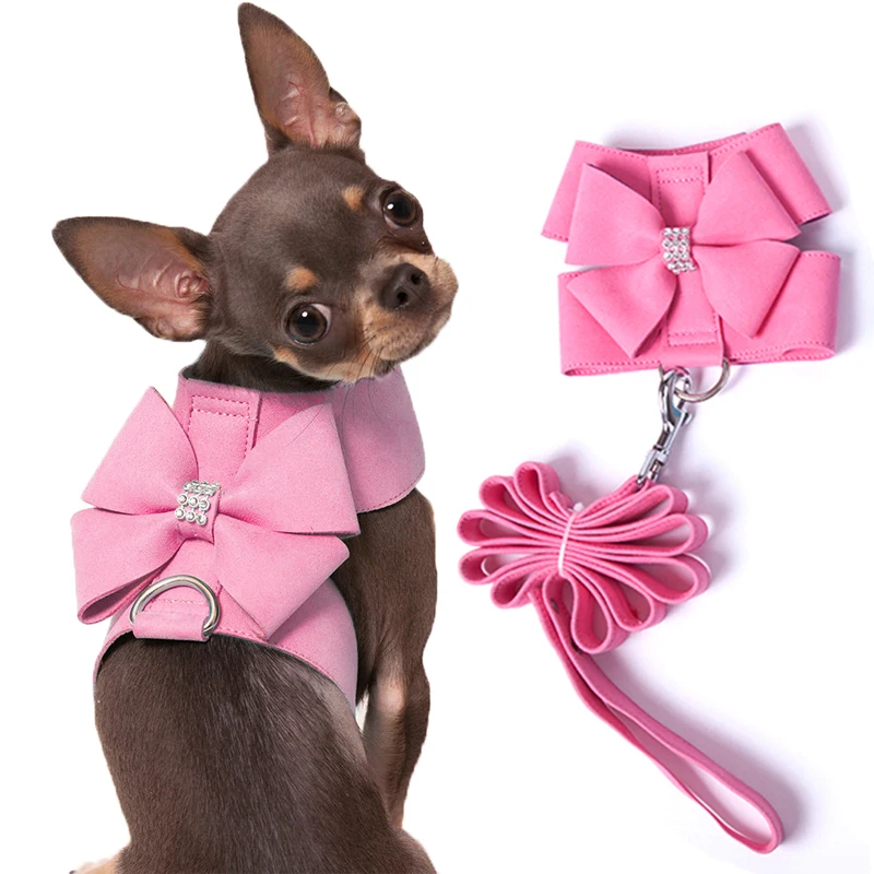 Bling Rhinestone Pet Puppy Dog Harness And Leash For Small Doggy Cat Chihuahua Yorkshire Pink Walking Outdoor Leash Products