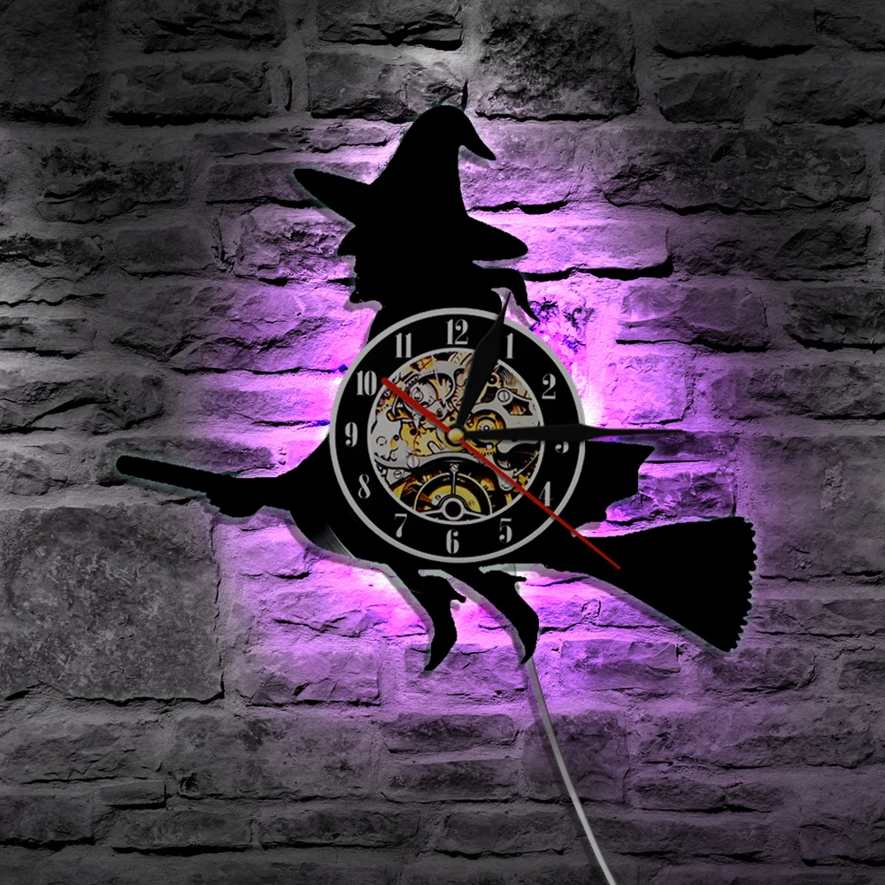 Broomstick Flying Magic Witch Vinyl Record Wall Clock With Colors Changing Halloween LED Night Light Decorative Lighting