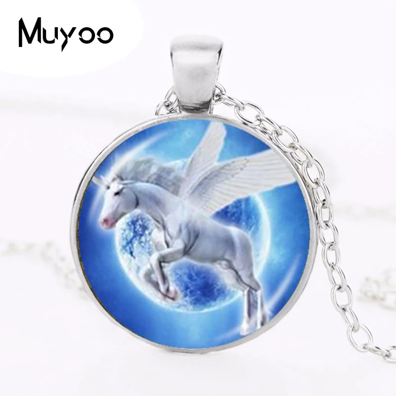 Moonlight Unicorn Photo Necklace Horse with Wings Jewelry Glass Cabochon Pendant Chain Neckless Women Fashion Jewelry HZ1