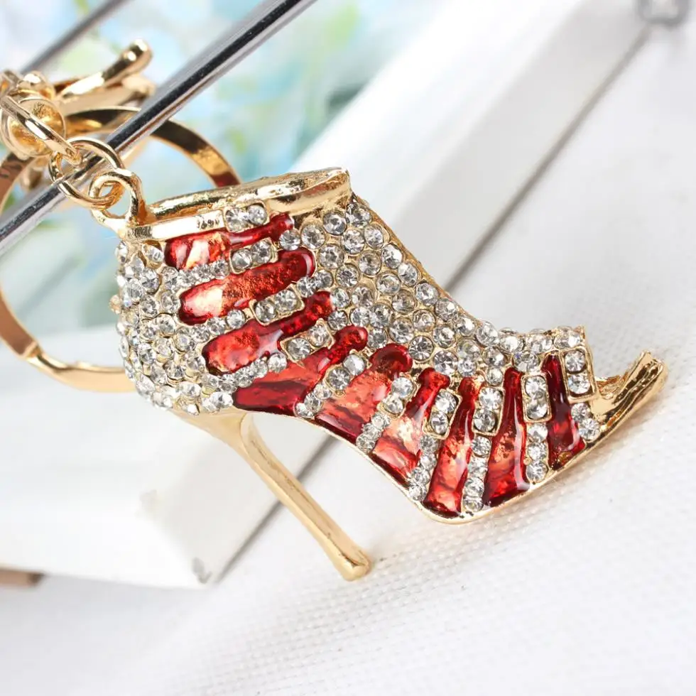 Red Shoe High Heel Charm Pendant Rhinestone Crystal Lovely Purse Bag Keyring Key Chain Gorgeous Birthday Party Gift