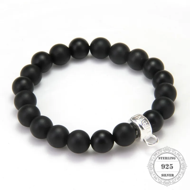 HEMISTON Thomas-pulsera de piedra natural de obsidiana negra de 1CM con portador de dijes de plata de ley 925, 14-25CM, joyería fina para mujer
