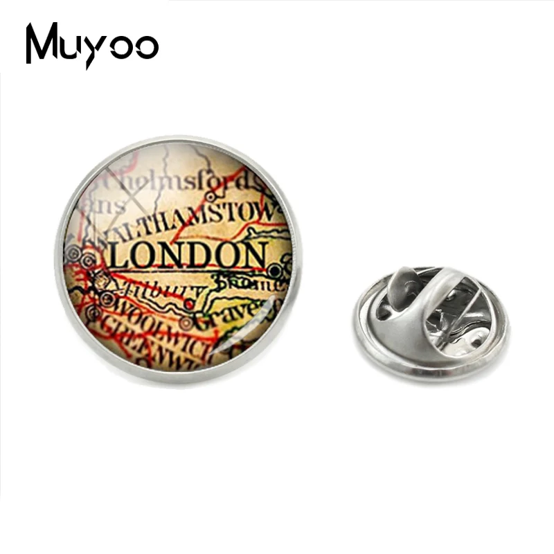 2019 New Vintage World City Maps Lapel Pins Paris London Maps Retro Style Glass Cabochon Jewelry Collar Pins for Men Gifts