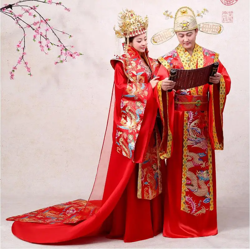 

China Hanfu Wedding Gown Robe Ancient Bride Marriage Dress Red Golden Couple Marriage Clothing Emperor Queen Performance Costume