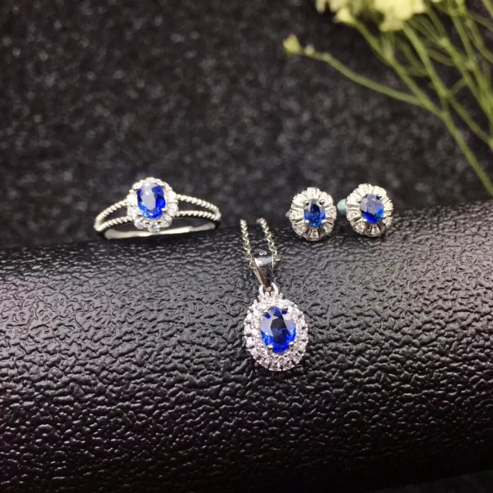 Natural sapphire suit, authentic color, good quality, from natural mining area, 925 silver jewelry, ring necklace earrings