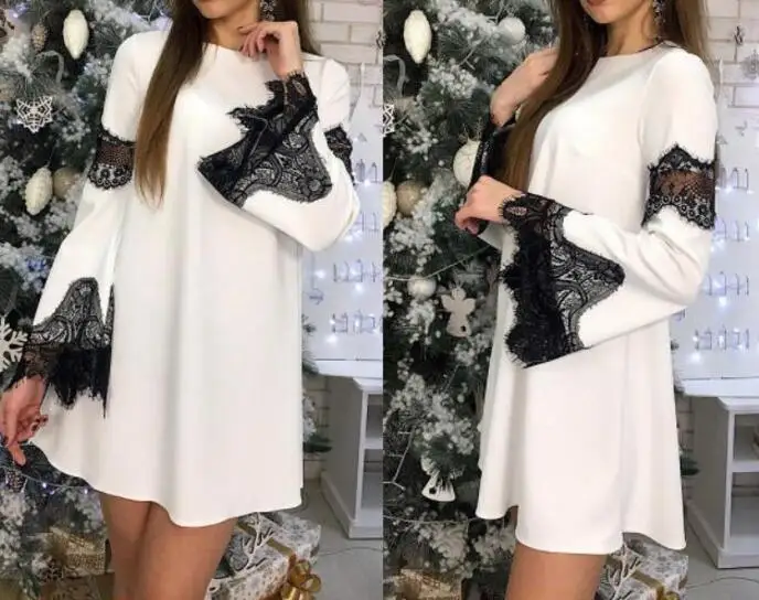 

Winter Women lace dress long sleeve tunic party 2022 New year Christmas Vestido Swing Dress Female Clothing