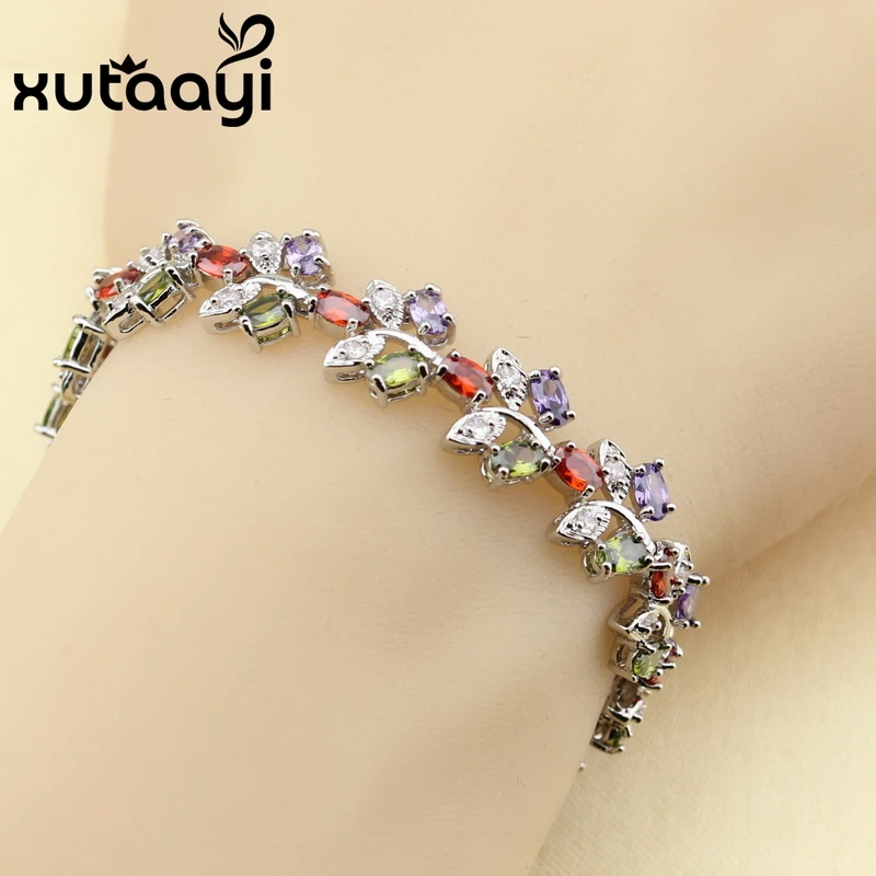 XUTAAYI 2018 New Arrival Fashion Health Jewelry  Silver Multi Color Stones Cubic Zirconia Chain-Link Bracelet Length 18+3CM