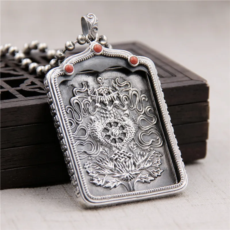 

Silverware S925 Sterling Silver Buddhism South Red Garber Box Pendant Men & Women Little Tangka Retro Thai Silver Pendant