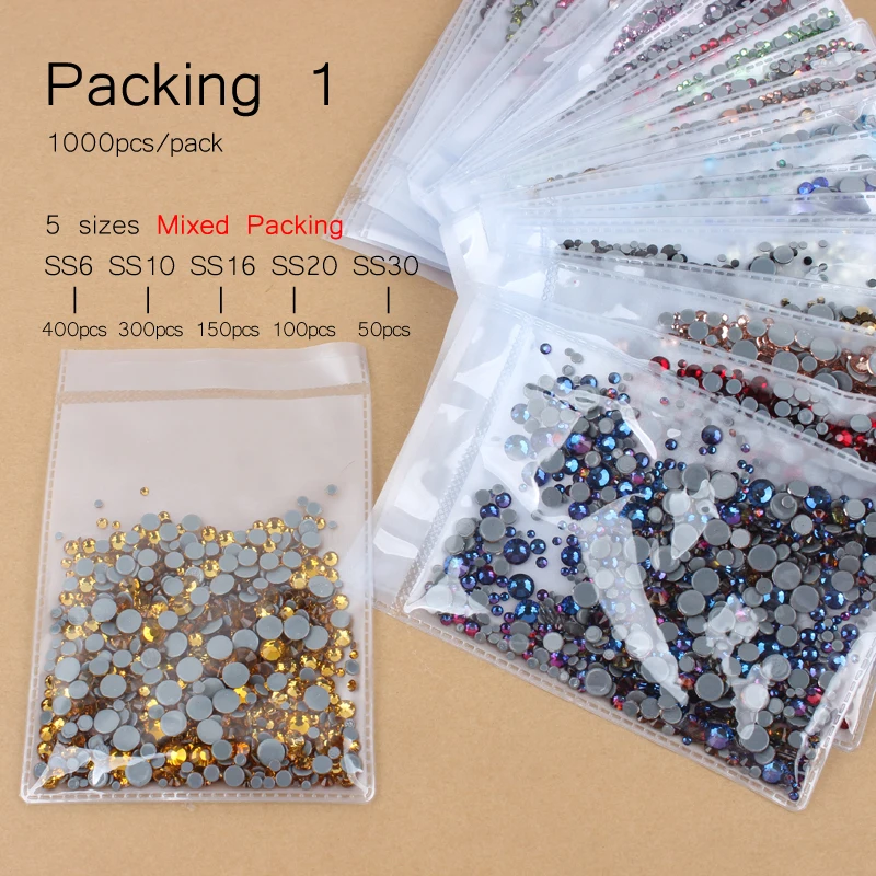 High quality Hotfix Rhinestone Crystal clear SS6-SS30 Mix size Crystals and stones 1000pcs/lot  for clothes DIY free shipping