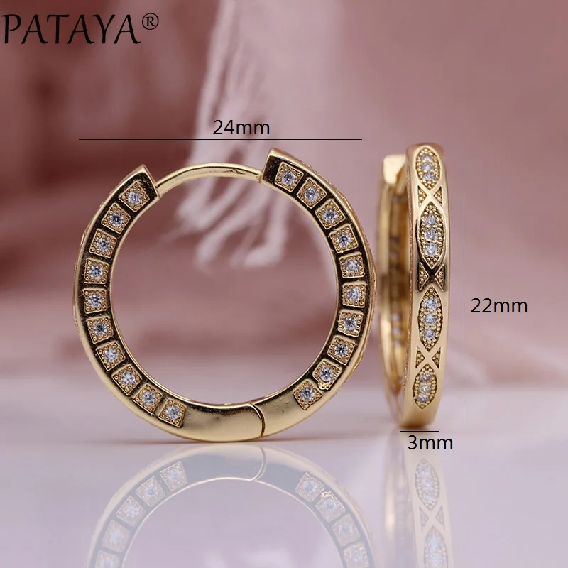 PATAYA New 585 Rose Gold Color Drop Earrings Women Wedding Jewelry White Round Natural Zircon Luxury Fashion Retro Grid Earring