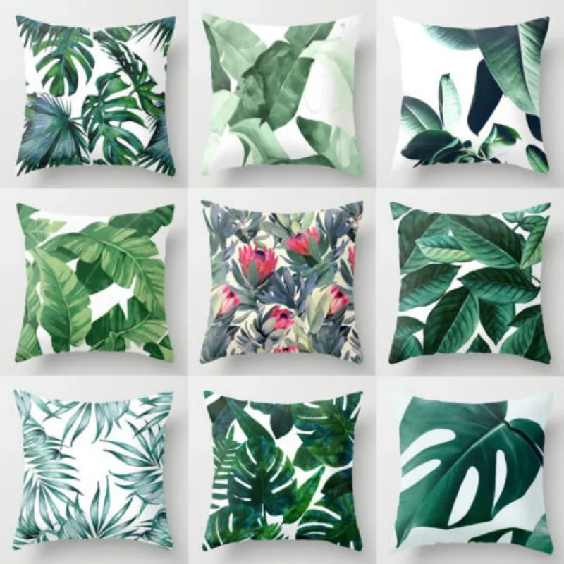 Polyester Green Leaves Pillow Case Cover Chair Waist Cushion Pillow Cover Home