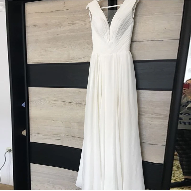 Einfache Chiffon Hochzeit Kleider Voller Länge V-ausschnitt Ärmel Vestido De Noiva Falten Backless Brautkleider Für Sommer Hochzeit