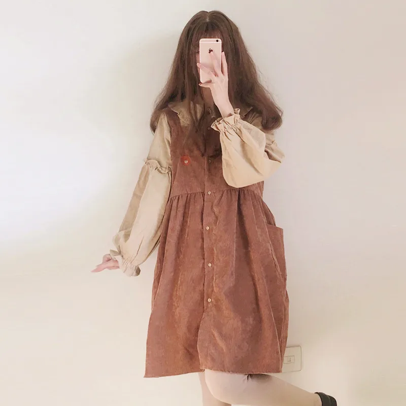 Women\'s Beach Casual Dresses Vintage Kawaii Ulzzang Corduroy Strap Suit Dress Female Cute Kawaii Harajuku Clothing For Women