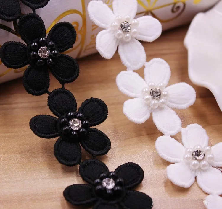 

Wholesale 14.5yards 3.5cm width Black/ White Beads Rhinestone Sewing Trims Flower Lace Trim Rayon DIY Wedding Accessories X113