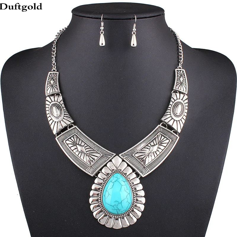 Vintage Indian Jewelry Set Women Alloy Choker Resin Punk Necklace Earring Set Statement Pendant Chain Necklace Set Duftgold